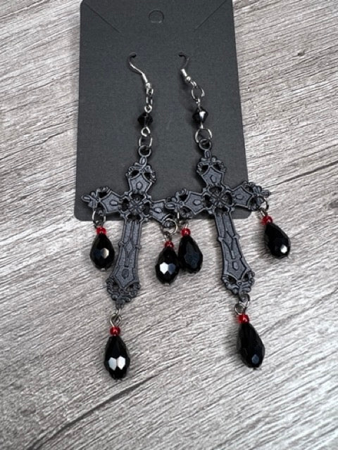 Gothic Black Cross Gemstone Earrings