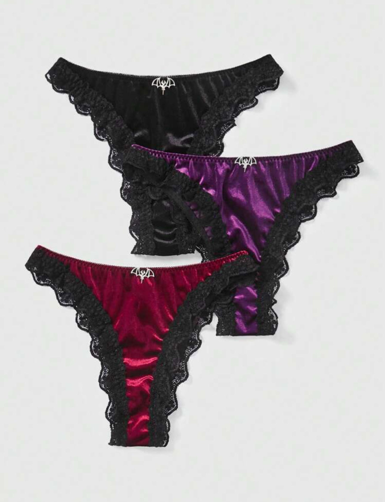 Goth 3-Piece Velvet and Lace Batwing Pendant Low Rise Panties