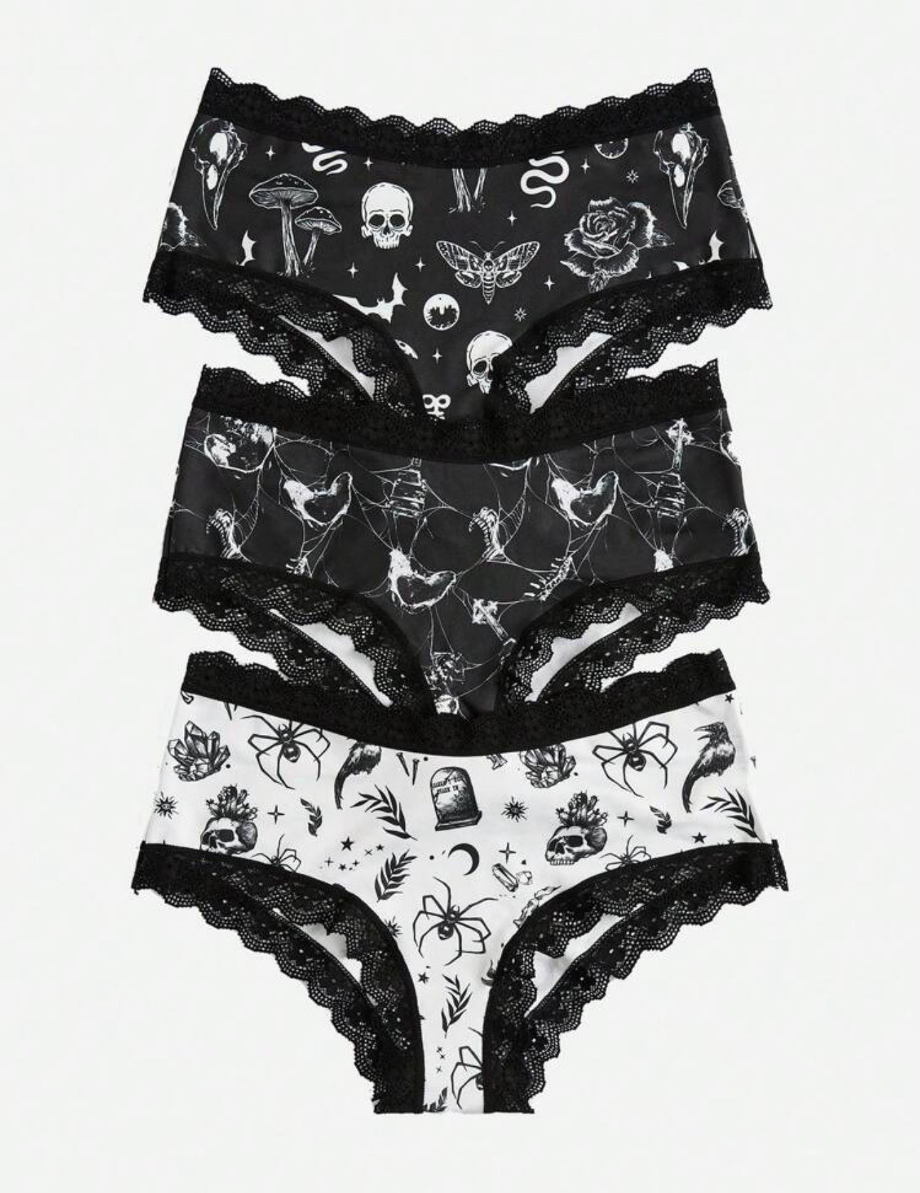 Goth 3-Pack Skull Print Contrast Lace Low Rise Panty Set
