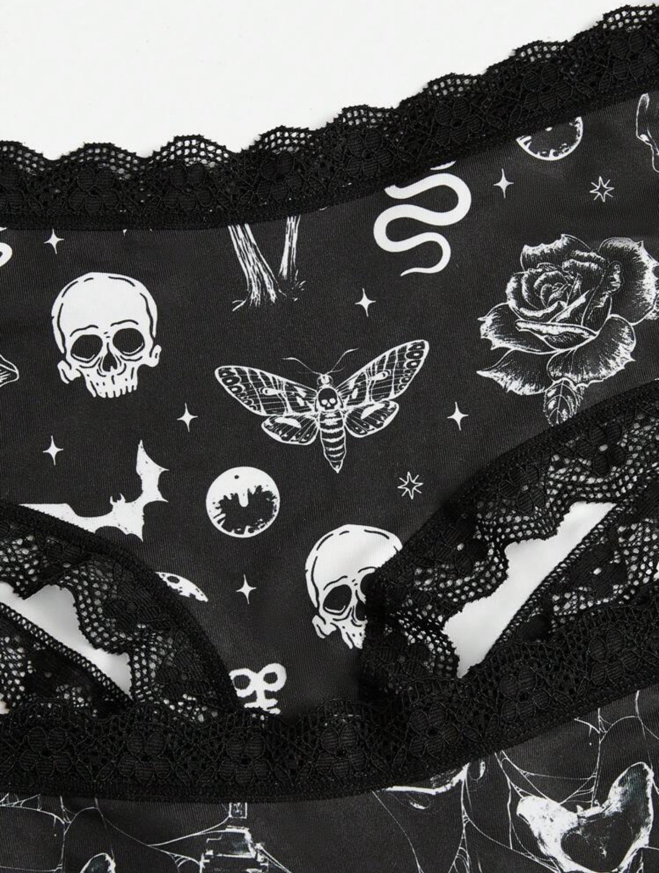 Goth 3-Pack Skull Print Contrast Lace Low Rise Panty Set