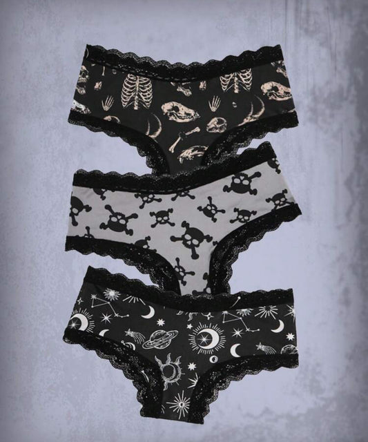 Goth 3-Pack Skull Graphic Contrast Lace Low Rise Panty Set