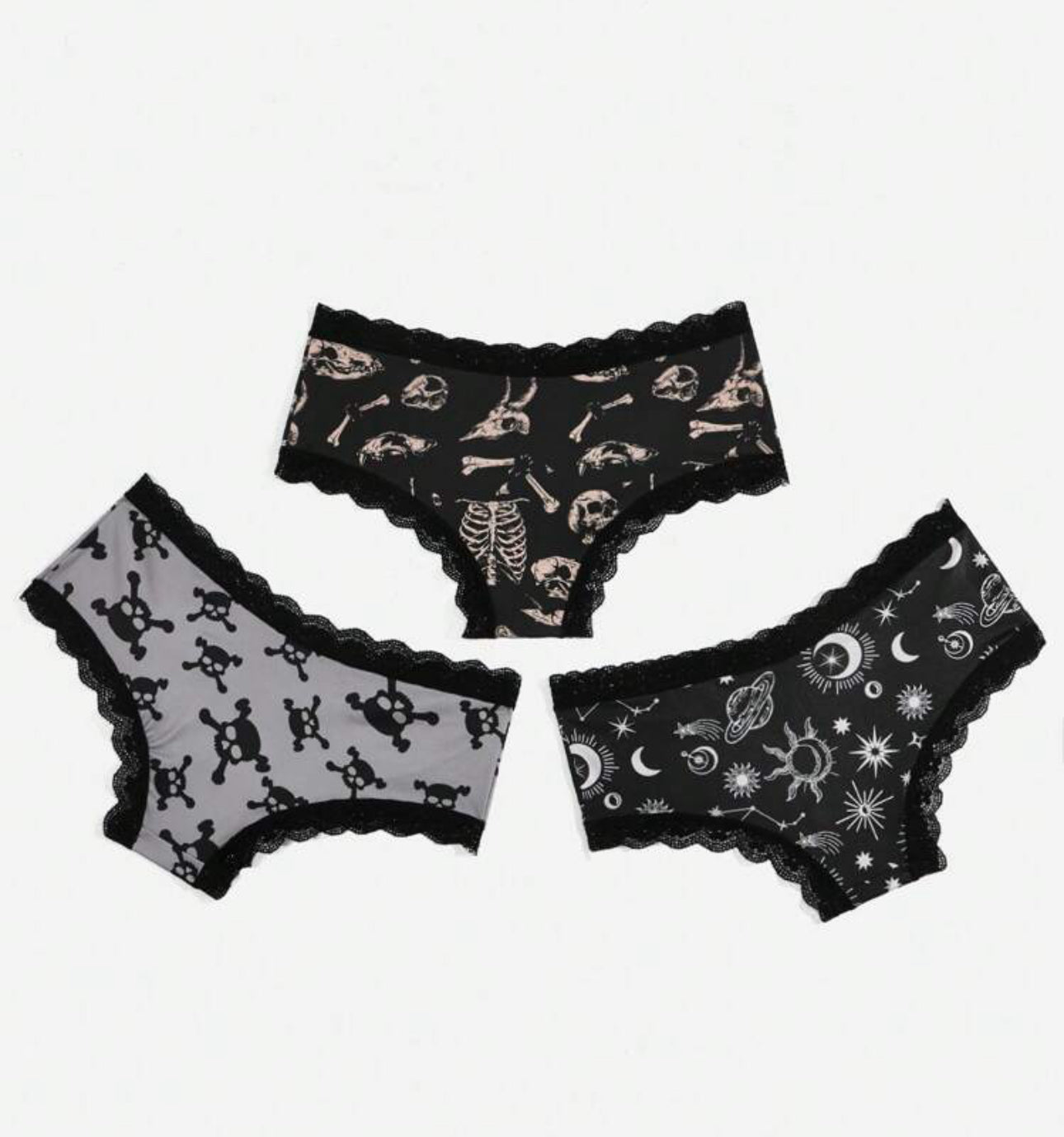 Goth 3-Pack Skull Graphic Contrast Lace Low Rise Panty Set