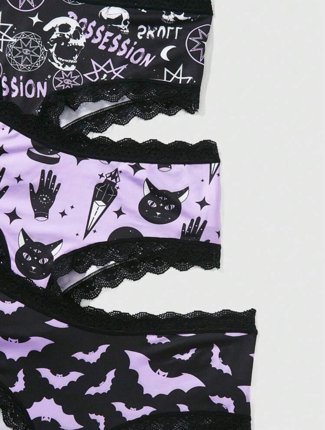 3-Pack Women's Bat Skeleton Magic Cat Lace Edge Mid rise Panties