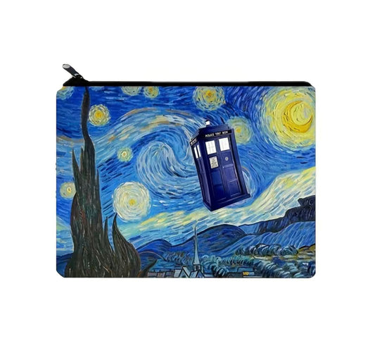 Starry Night with TARDIS canvas makeup bag- 8.27" x 5.12"