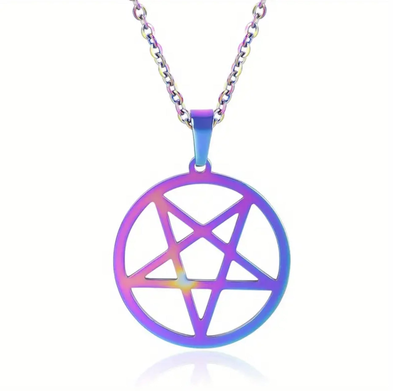 Stainless Steel Iridescent Inverted Pentagram Necklace