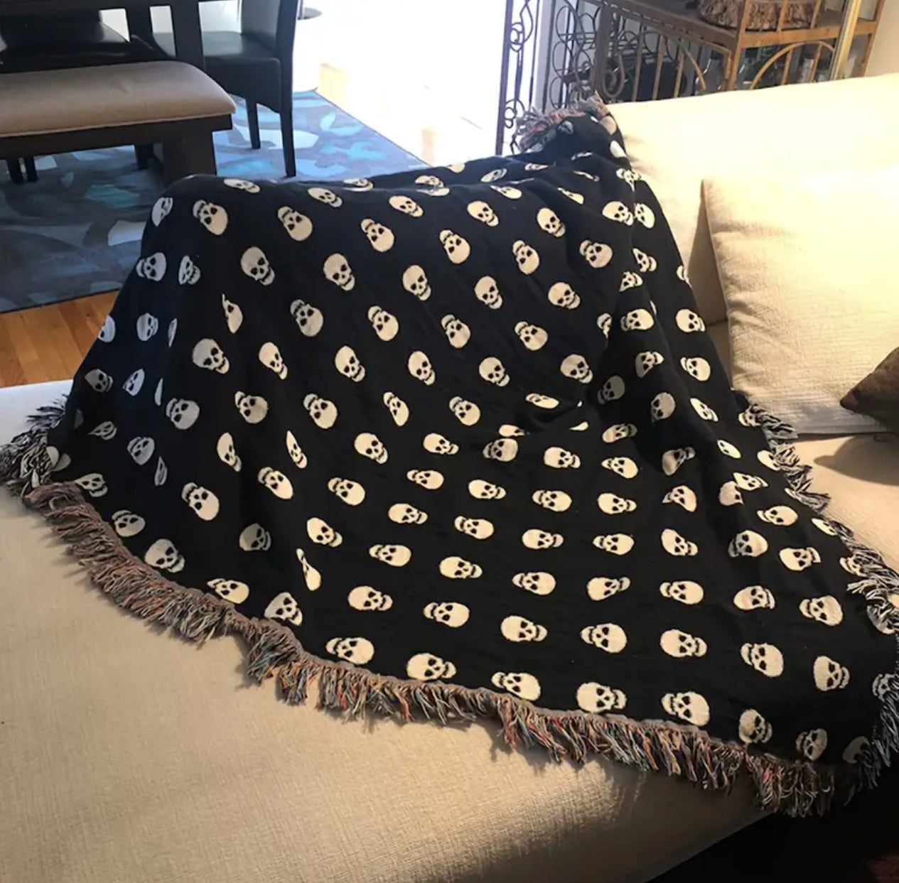 Woven Double-Sided Skull Tassel Blanket — 47 x 59 inches