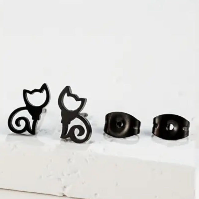 Black Stainless Steel Cat Stud Earrings