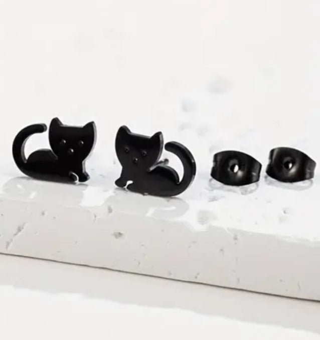 Black Stainless Steel Cat Stud Earrings