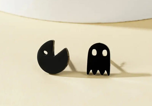 Stainless Steel Black Pac-Man Stud Earrings