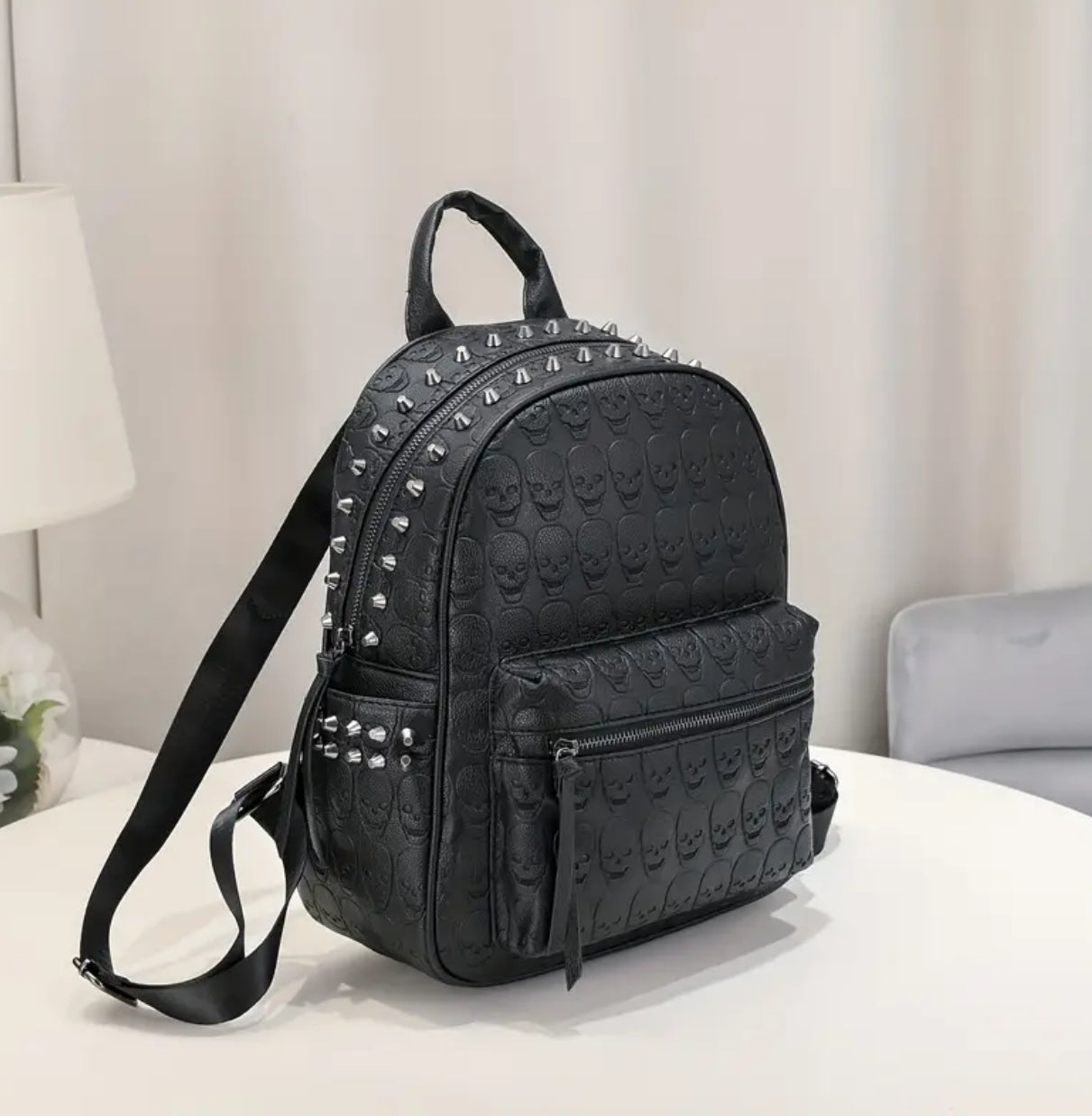 Black Skull-Embossed PU Leather Backpack
