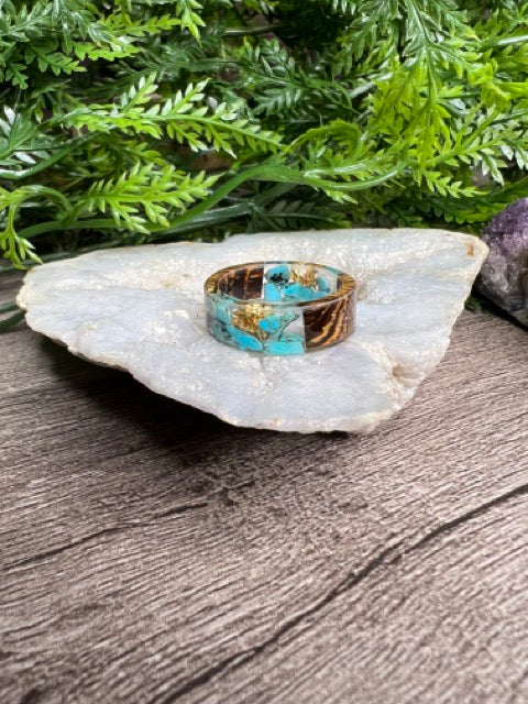 Handmade Wood Resin Rings- Turquoise/Gold Flake