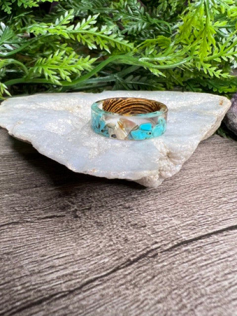 Handmade Wood Resin Rings- Turquoise/Mother of Pearl