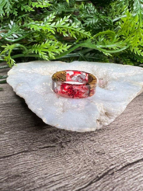 Handmade Wood Resin Rings- Red/Silver Flake