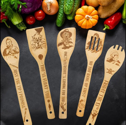 5-Piece Engraved Wood Horror Utensil Set