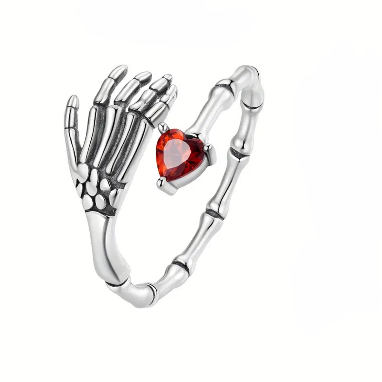 .925 Sterling Silver Skull & Red Cubic Zirconia Heart Adjustable Ring