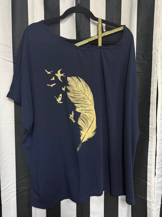 Navy/Gold Feather/ Birds Shirt- 3XL