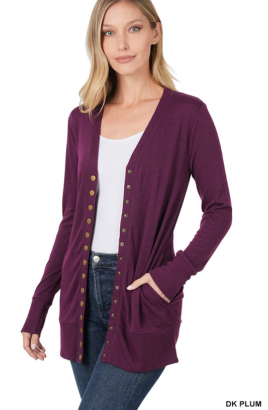 Snap Button Sweater Cardigan with Side Pockets — Dark Plum