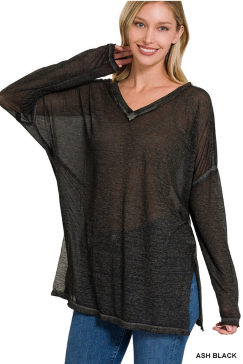 Melange Burnout Dolman-Sleeve V-Neck Top, Ash Black