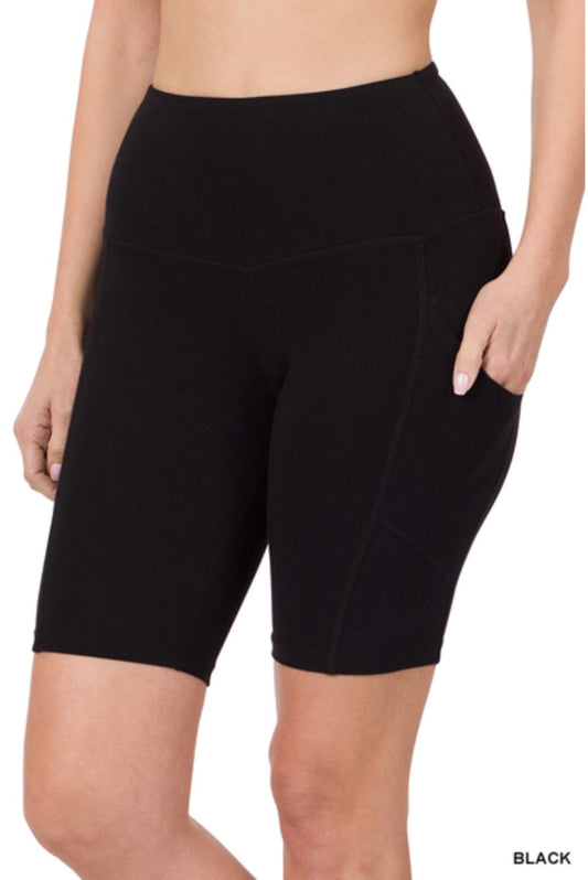 Cotton Wide-Waistband Biker Shorts with Pockets — Black