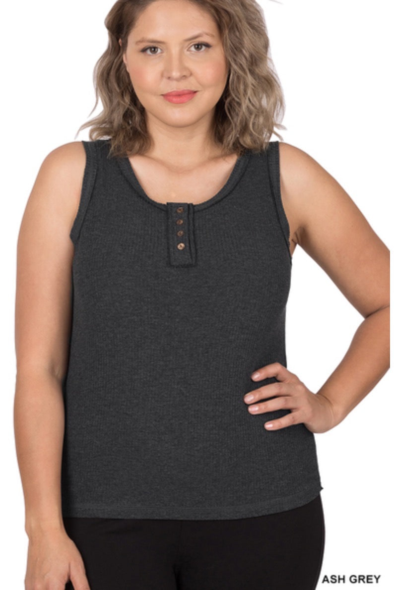 Heathered Ash Grey -Ribbed Tank Top- Button Detail- Raw Seam Accents