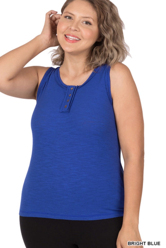 Bright Blue -Ribbed Tank Top- Button Detail- Raw Seam Accents