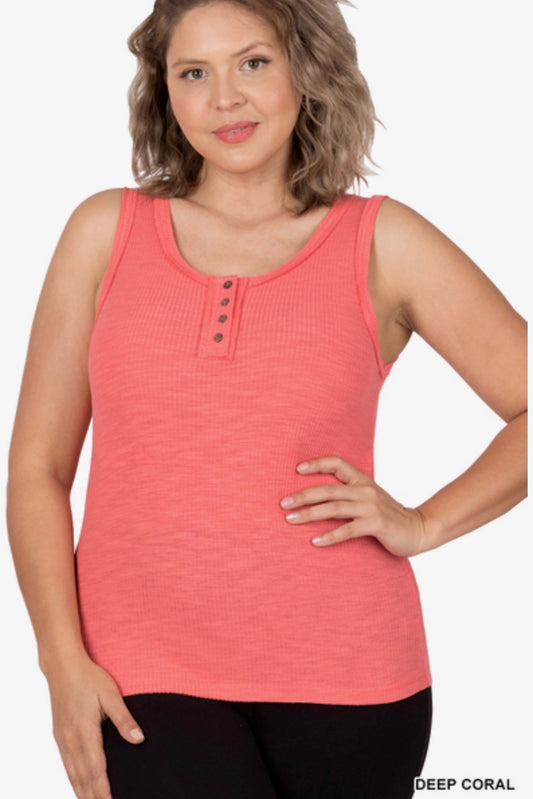 Deep Coral -Ribbed Tank Top- Button Detail- Raw Seam Accents