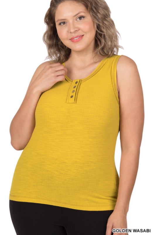 Golden Wasabi -Ribbed Tank Top- Button Detail- Raw Seam Accents