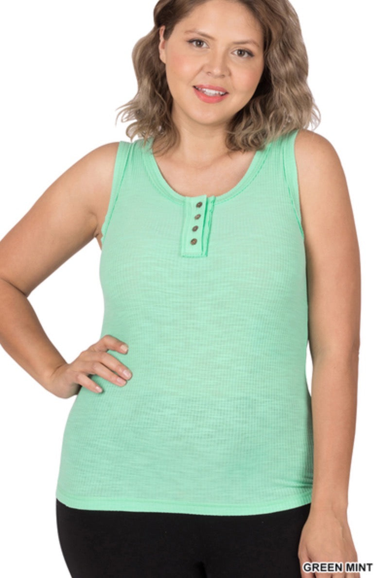 Green Mint -Ribbed Tank Top- Button Detail- Raw Seam Accents