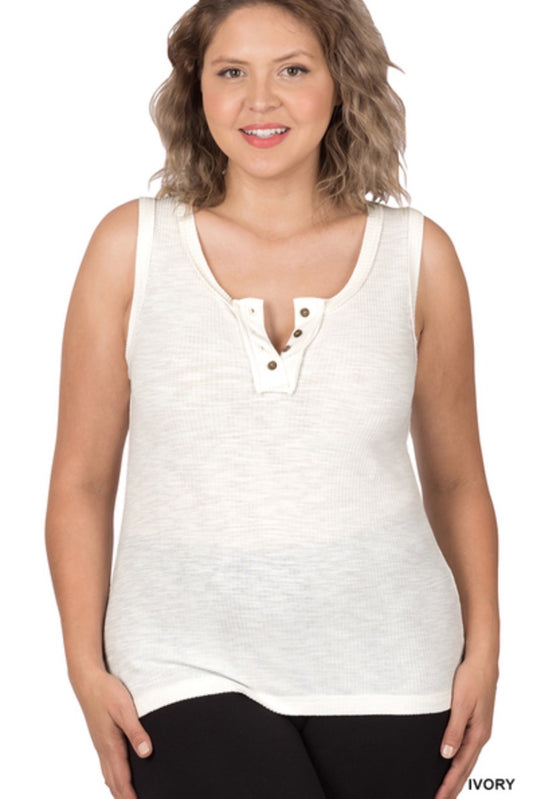 Ivory -Ribbed Tank Top- Button Detail- Raw Seam Accents