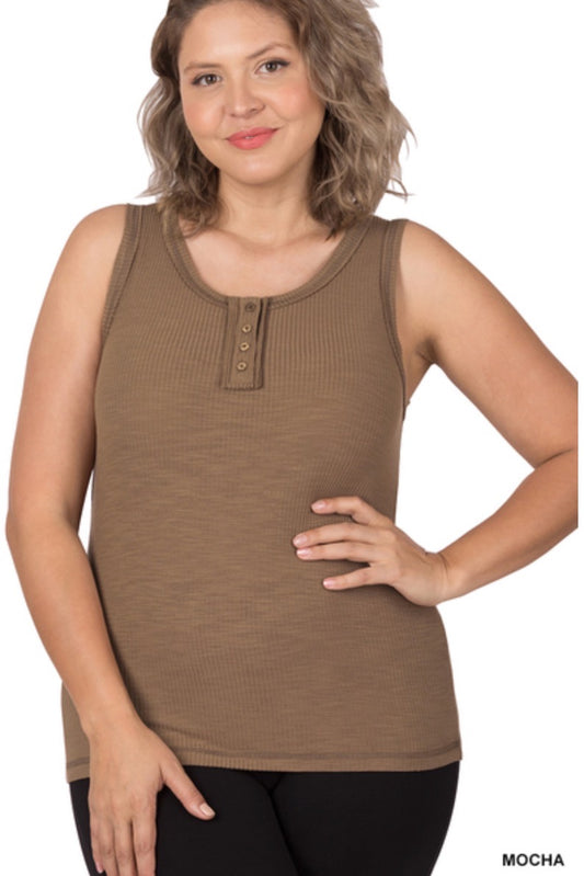 Mocha -Ribbed Tank Top- Button Detail- Raw Seam Accents