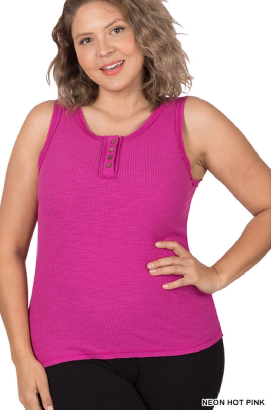 Neon Hot Pink -Ribbed Tank Top- Button Detail- Raw Seam Accents