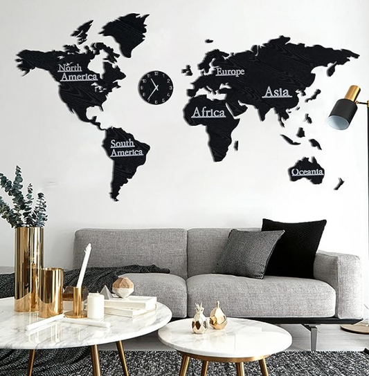 Extra-Large 3-D Black Wood World Map Clock