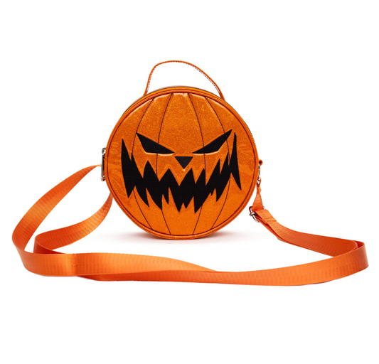 The Nightmare Before Christmas Pumpkin King Face And Jack Expression Orange Glitter Round Crossbody Bag