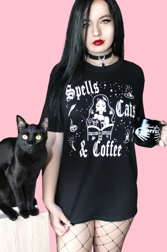 Spells, Cats & Coffee Boyfriend SS Tee — Black