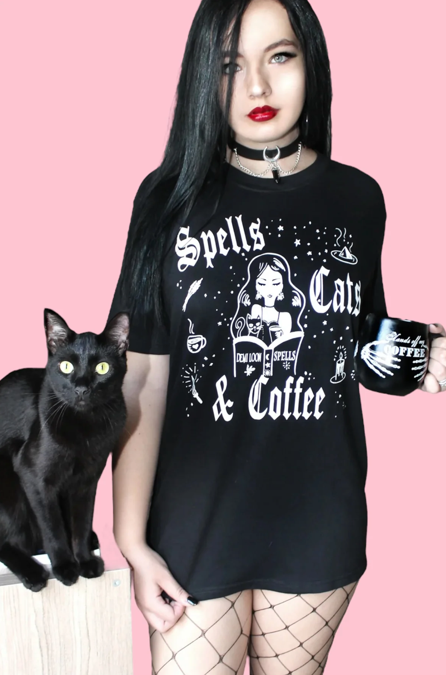 Spells, Cats & Coffee Boyfriend SS Tee — Black