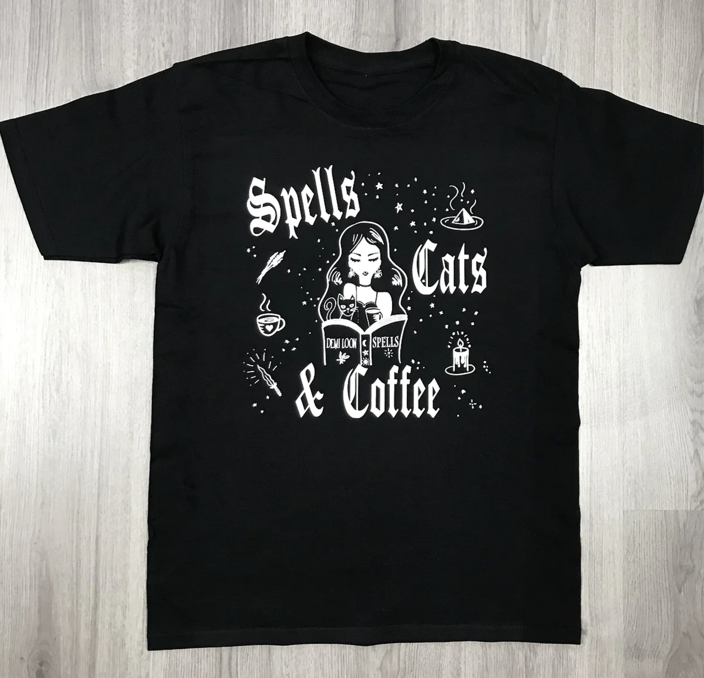 Spells, Cats & Coffee Boyfriend SS Tee — Black