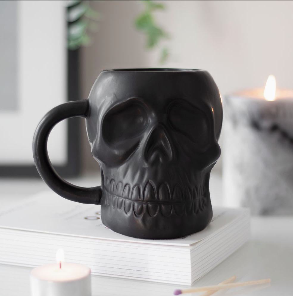 Matte Black Gothic Halloween Skull Mug