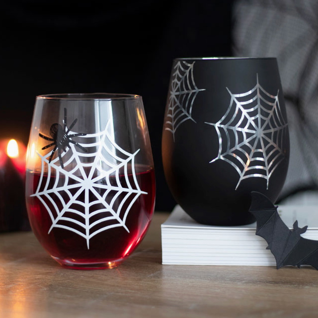 Set of 2 Gothic Spider and Web Stemless Wine Glasses — 17 ounce