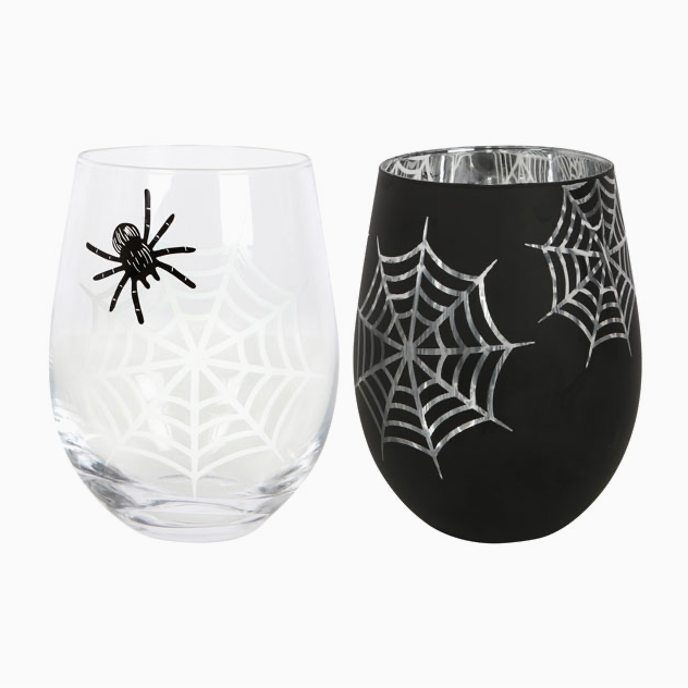 Set of 2 Gothic Spider and Web Stemless Wine Glasses — 17 ounce