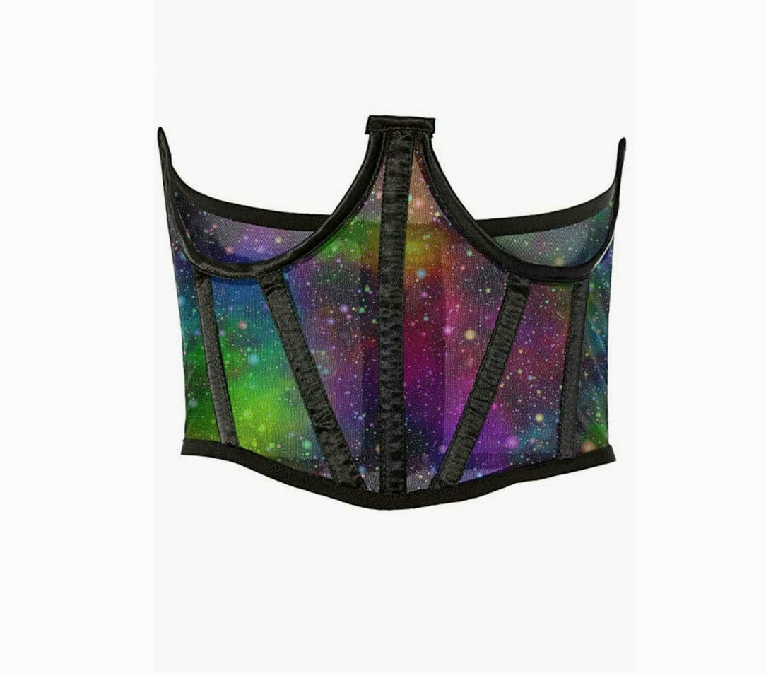 Lavish Galaxy Print Mesh Open Cup Waist Cincher