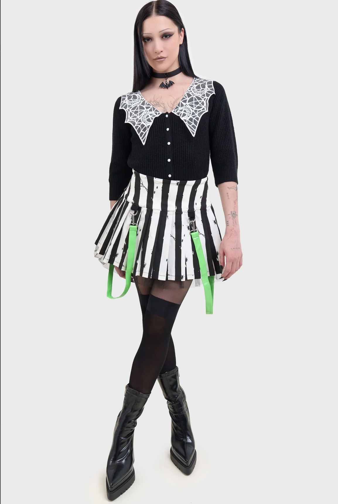 Beetlejuice Distressed Stripe Pleated Mini-Skirt