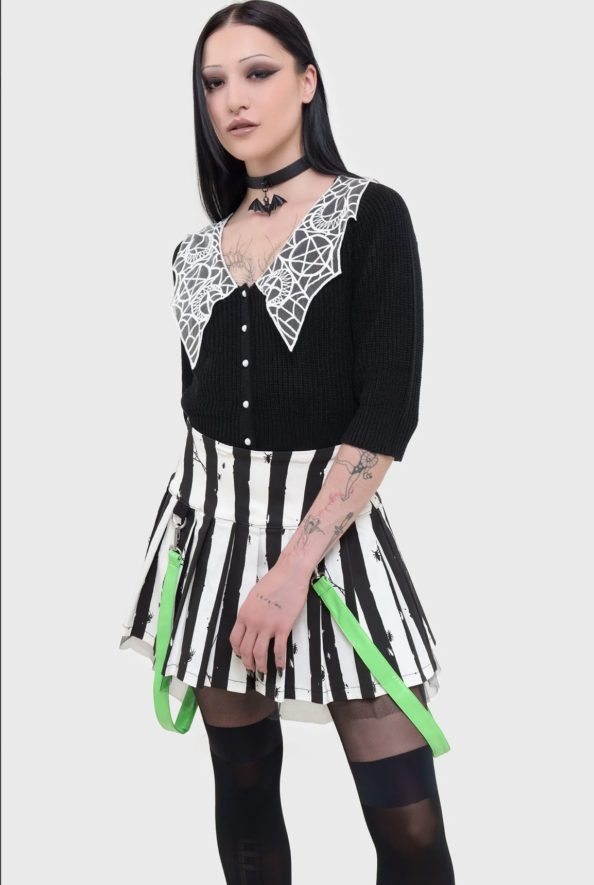 Beetlejuice Distressed Stripe Pleated Mini-Skirt