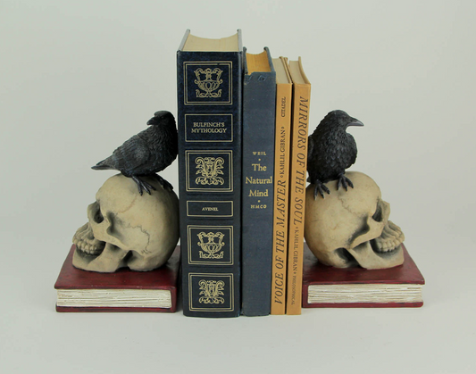 Evil Omen Raven On Skull Perch Decorative Bookend Set