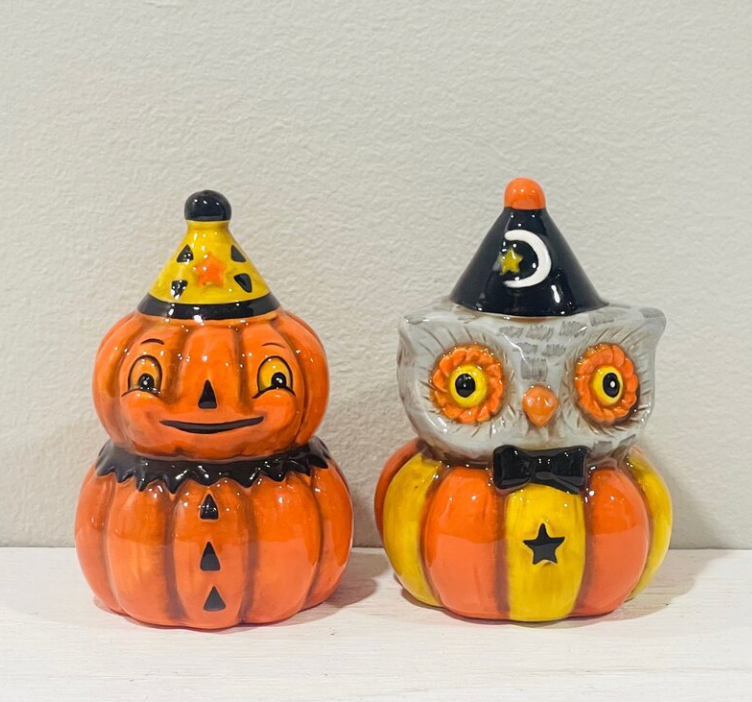 Johanna Parker Salt Pepper Shakers Owl & Pumpkin Halloween In Box