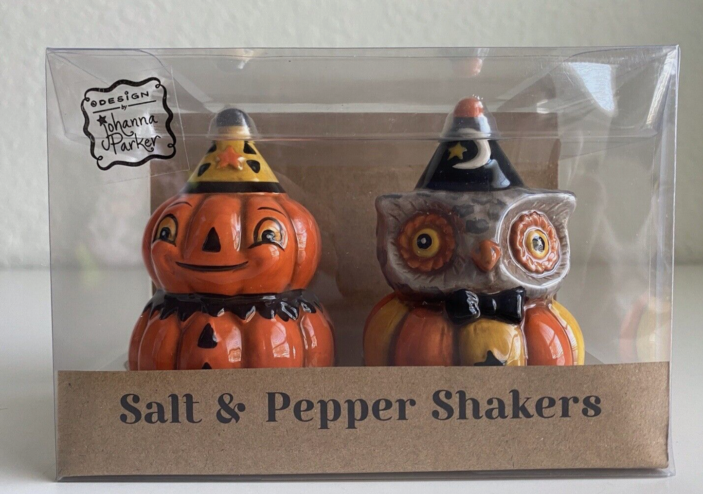 Johanna Parker Salt Pepper Shakers Owl & Pumpkin Halloween In Box