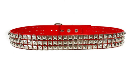 Vegan Leather 3-Row Pyramid Stud Belts — Matte Red