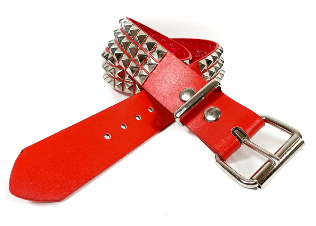 Vegan Leather 3-Row Pyramid Stud Belts — Matte Red