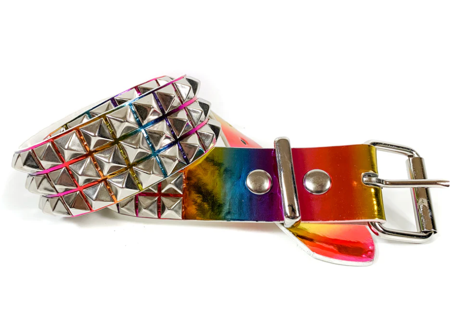 Rainbow Holographic 3-Row Pyramid Studded Belts-Vegan Leather