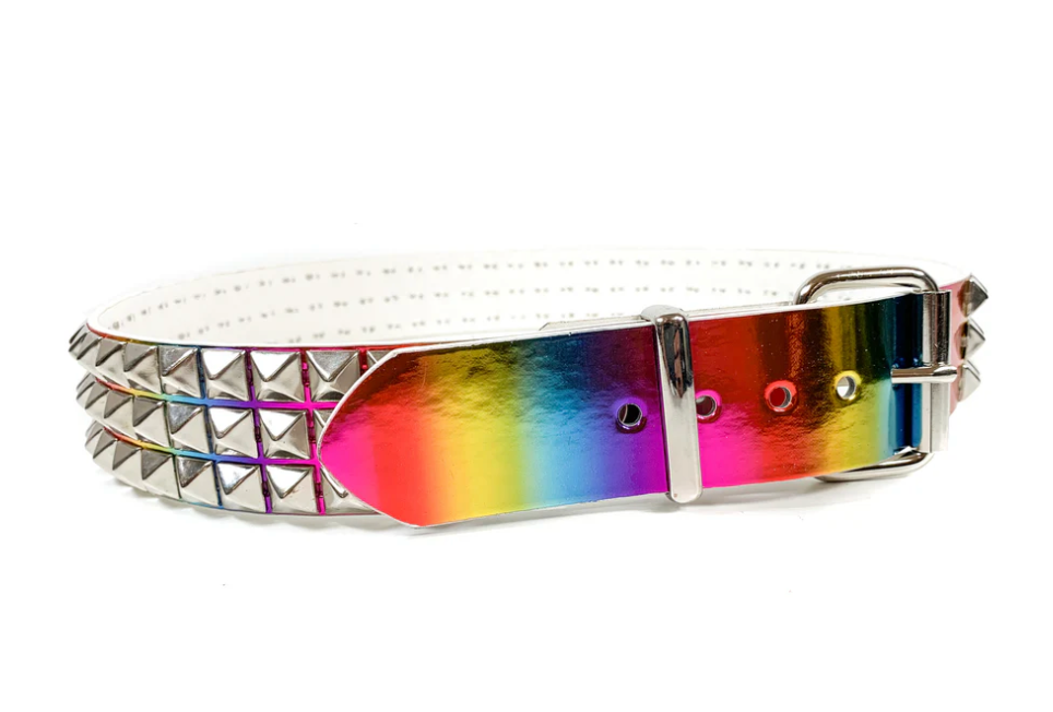 Rainbow Holographic 3-Row Pyramid Studded Belts-Vegan Leather