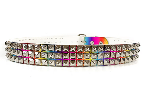 Rainbow Holographic 3-Row Pyramid Studded Belts-Vegan Leather